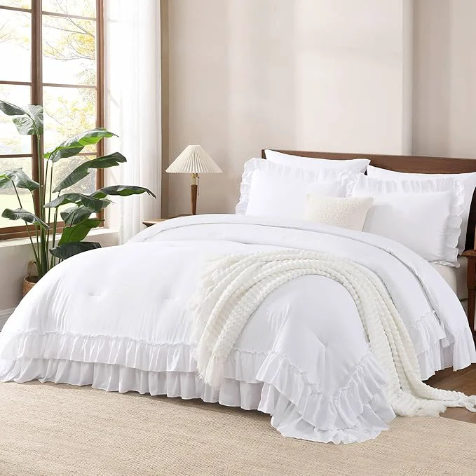 Solid Andency White California King Comforter Set 3 Pieces Lightweight Fluffy Farmhouse Shabby Chic Bedding Comforter Sets Soft Polyester All Season Cal King Bed Sets 104x96Inch Traditional