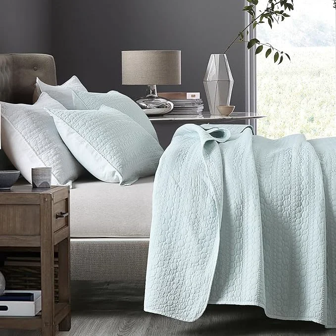 Expertly Made HORIMOTE HOME Oversized King Quilt Set Aqua Blue California King Quilt Classic Geometric Spots Stitched Pattern Pre-Washed Ultra Soft Lightweight Quilted Bedspread Cal King for All Season 3 Pieces Original Design
