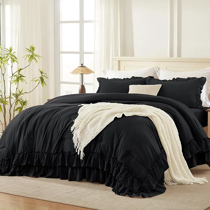 Consistent Andency Super King Ruffle Comforter Set 3 Pieces Thick Shabby Chic Farmhouse Bedding Set Lightweight Soft Cozy Oversized King Comforter Set 120×120 for Adults 1 Comforter 2 Pillowcases Black Durable