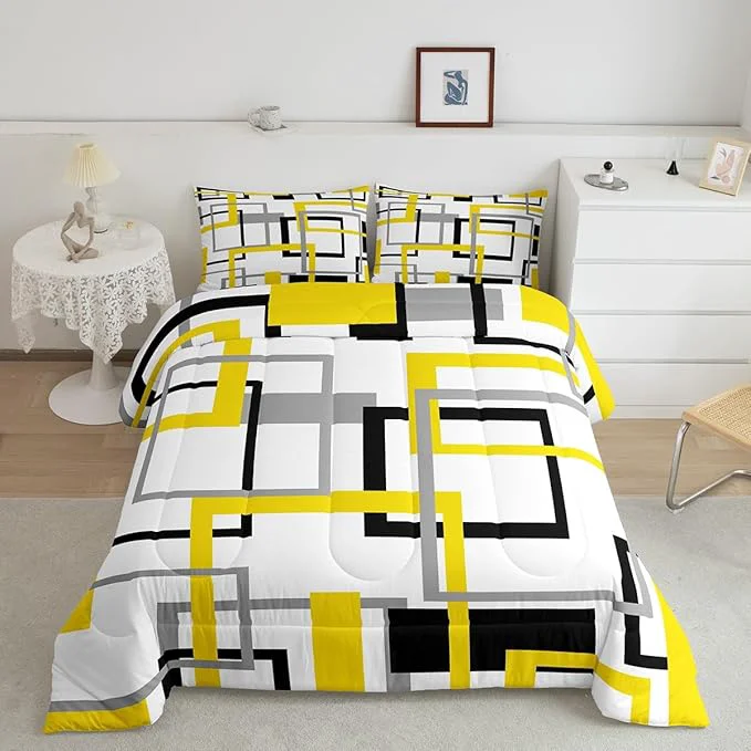 Traditional Grey Golden Black White Comforter Set Colorful Geometric Square Bedding Set for Kids Boys Girls Bedroom Decor Grid Plaid Stripes Quilted Duvet Twin Modern Simple Style Graphic Down Comforter User-Friendly