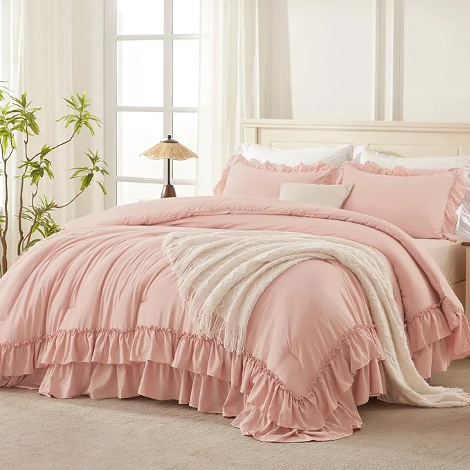 Comfortable Andency Oversized Queen Ruffle Comforter Set 3 Pieces Shabby Chic Farmhouse Bedding Set Lightweight Soft Comforter Set 98×98 for Girls Women 1 Comforter 2 Pillowcases Blush Innovative