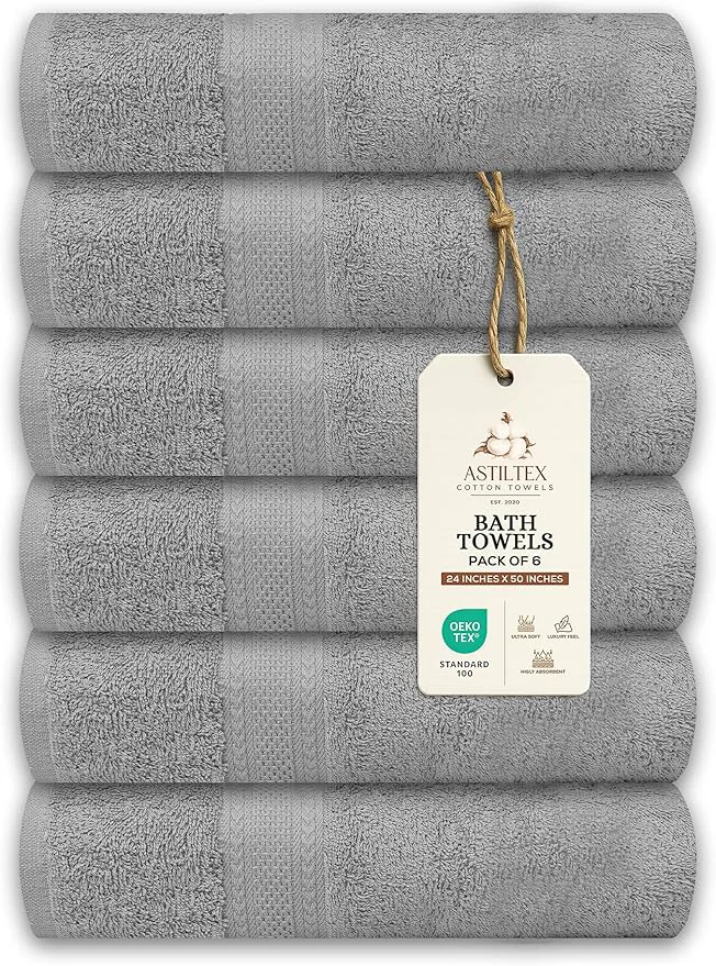 Superior Large Bath Towels Pack of 6 – 24 x 50 Cotton Terry – Soft Quick-Dry Casual