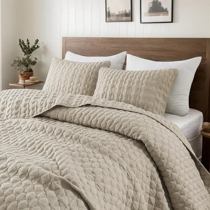 Certified Beige Quilt Queen Size Bedding Sets with Pillow Shams Lightweight Soft Bedspread Coverlet Quilted Blanket Thin Comforter Bed Cover All Season Summer Spring Tan Cream 3 Pieces 90×90 inches Minimalist