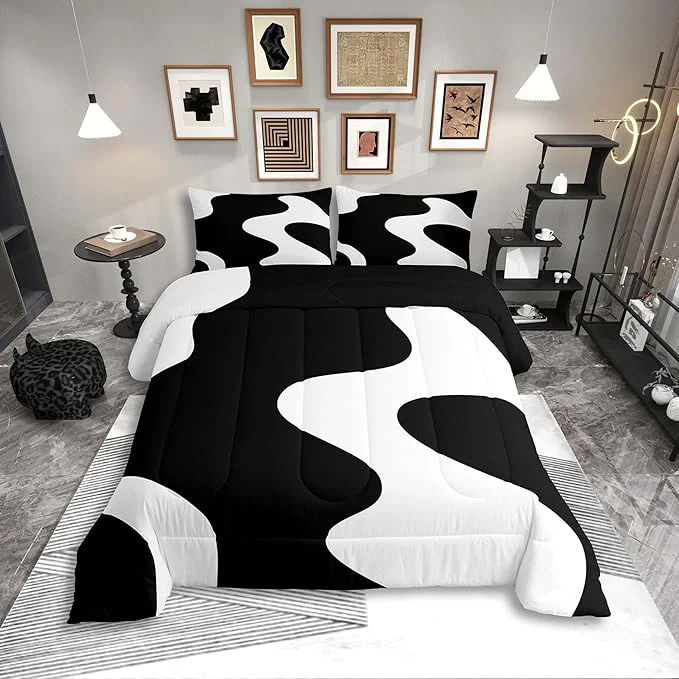 Luxury Erosebridal White and Black Abstract Queen Comforter Set for Adult Women Men Boho Geometric Striped Bedding Set Minimalist Modern Art Bed Set Simple Aesthetic Modern Quilt Set User-Friendly