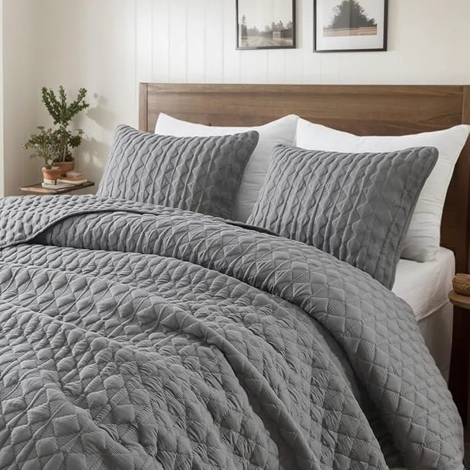 Original Design WDCOZY Dark Grey Quilt Twin Size Bedding Sets with Pillow Sham Lightweight Soft Bedspread Coverlet Quilted Blanket Thin Comforter Bed Cover All Season Spring Summer 2 Pieces 68×90 inches Breathable