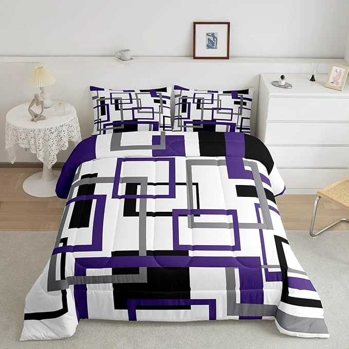 Excellent Erosebridal Geometric Comforter Set for Kids Boys Girls Vintage Black White Grey Purple Bedding Set Queen Modern Farmhouse Quilt Bedroom Decor Striped Pattern Duvet Insert with 2 Pillow Shams Efficient