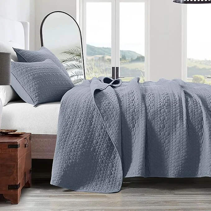Verified HORIMOTE HOME Quilt Set Queen Size Denim Blue Classic Geometric Spots Stitched Pattern Pre-Washed Microfiber Coverlet Ultra Soft Lightweight Quilted Bedspread for All Season 3 Pieces Professional