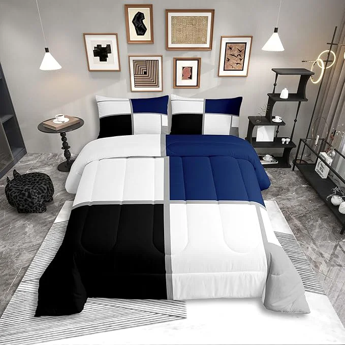 Easy-to-Use Erosebridal Geometric Comforter Set Toddler Size for Adults Teens Black and White Abstract Bedding Navy Blue Striped Grid Quilt for Minimalist Modern Art Patchwork Bedding Comforter Sets Advanced