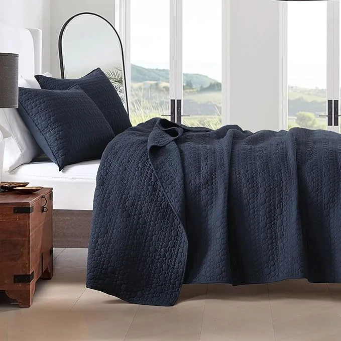 Original HORIMOTE HOME Navy Quilt Set Twin Size Lightweight Soft Pre-Washed Microfiber Circle Pattern Bedspread Coverlet 2 Pieces Quilt Bedding Set with Pillow Shams for All Season 68×86 inches Practical