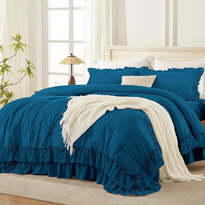 High-Grade Andency Teal Queen Comforter Set 90x90Inch 3 Pieces Lightweight Fluffy Ruffle Bedding Sets for Queen Bed Farmhouse Shabby Chic Soft All Season Bed Set Reliable