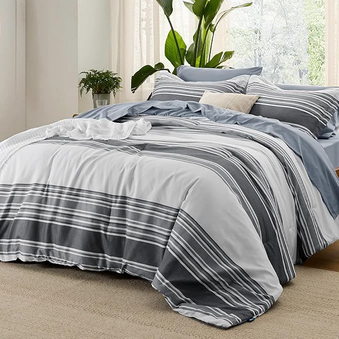 Consistent Bedsure Queen Comforter Set 7 Pieces Dark Grey Striped Bedding Set for All Seasons Reversible Cationic Dyeing Bed in a Bag with Comforter Sheets Pillowcases amp Shams Recyclable