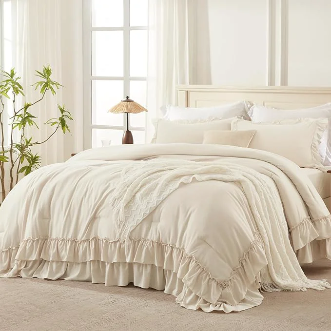 Green Andency Beige California King Comforter Set 3 Pieces Farmhouse Shabby Chic Bedding Comforter Sets Lightweight Fluffy Soft Microfiber All Season Bed Set 104x96In Comforter Smart