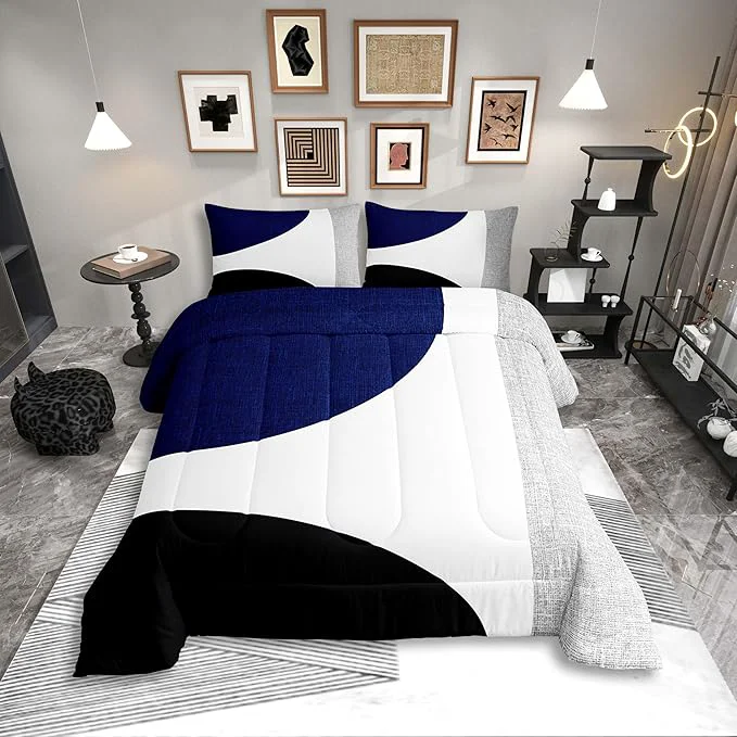 Verified Erosebridal Navy Blue Abstract Comforter Set Twin Black and White Boho Geometric Circle Bedding for Minimalist Striped Lines Modern Art Quilt Watercolor Creative Artwork Bedding Comforter Sets Lightweight