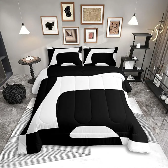 Crafted Erosebridal Black and White Abstract Bedding Set Full Size Boho Geometric Striped Comforter Set for Adult Women Men Minimalist Modern Art Bed Sets Simple Aesthetic Modern Duvet Quilt Sets Luxury