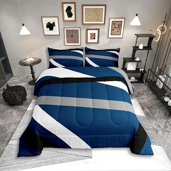 Soft Erosebridal Blue Gray Black Striped Queen Comforter Set for Adult Women Men Modern Abstract Bedding Set Geometric Lines Bed Set Aesthetic Boho Quilt Set Advanced