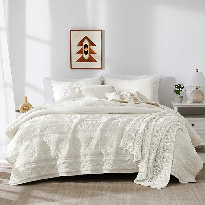Original WDCOZY Boho Ivory Twin Quit Size Bedding Sets with 1 Pillow Sham Cream White Farmhouse Lightweight Soft Bedspread Coverlet for All Season 2 Pieces 68×90 inches Premium Material