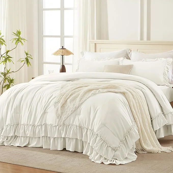 Authentic Andency Ivory Ruffle Comforter Set Oversized King Shabby Chic Solid Bedding Set 3 Pieces Lightweight Soft Bet Set 120×98 for Girls Women 1 Comforter 2 Pillowcases Optimized