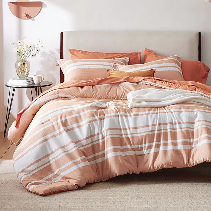 Organic Bedsure California King Comforter Set 7 Pieces Burnt Orange Striped Bedding Set for All Seasons Reversible Cationic Dyeing Bed in a Bag with Comforter Sheets Pillowcases amp Shams Quality