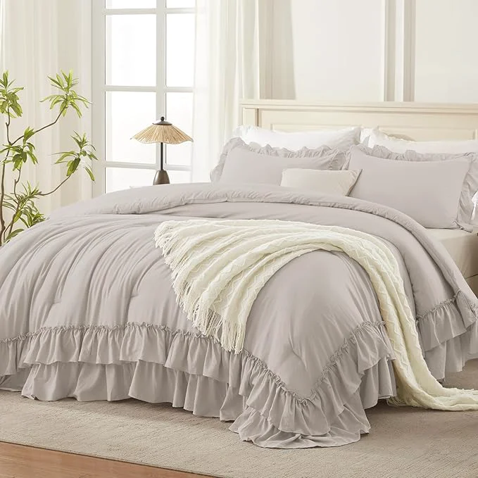 Certified Andency Linen Grey King Comforter Set 104x90Inch 3 Pieces Ruffle Bedding Set with 2 Pillowcases Farmhouse Shabby Chic Lightweight Fluffy Soft All Season Bed Set Classic