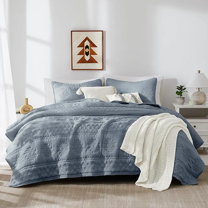 Healthy WDCOZY Boho Blue Grey Oversized California Cal King Size Quilt Bedding Sets with 2 Pillow Shams Farmhouse Lightweight Soft Bedspread Coverlet for All Season 116×106 inches Eco-Friendly