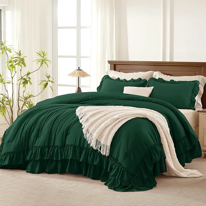 Environmentally Friendly Andency Dark Green Ruffle Comforter Full Set 3pcs Vintage Farmhouse Shabby Chic Bedding Comforter Set Soft Lightweight Fluffy Bed Comforter Sets All Season Bedding Set