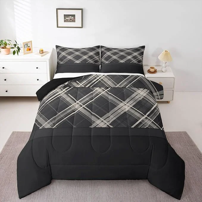 Solid Erosebridal Grey Plaid Comforter Sets Twin Grey Printed and Spliced Plaid Herringbone Bedding Set for Adult Farmhouse Grey Quilt Set Modern Simple Lattice Duvet Insert with 1 Pillowcase Lightweight Original Design