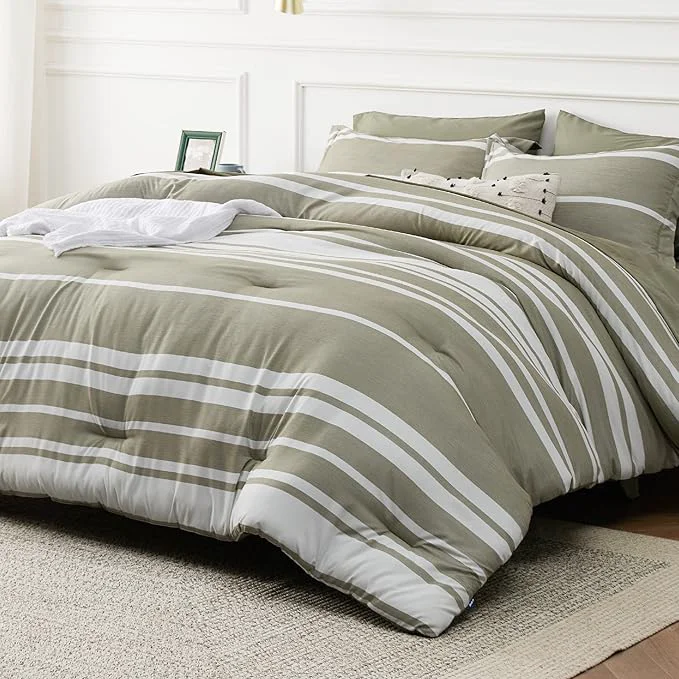 Elegant Bedsure Twin Comforter Set 5 Pieces Olive Green Striped Bedding Set for All Seasons Reversible Cationic Dyeing Bed in a Bag with Comforter Sheets Pillowcase amp Sham Genuine