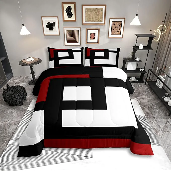 Verified Erosebridal Red Black and White Striped King Bedding Set Square Abstract Comforter Set for Adult Women Men Modern Geometric Stripes Bold Lines Bed Collections Minimalist Plaids Quilt Sets User-Friendly