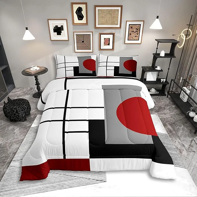 Elegant Erosebridal White Black Red Striped King Bedding Set Boho Modern Geometric Abstract Comforter Set for Adult Women Men Stripes Lines Bed Collections Minimalist Square and Circle Quilt Sets First-Class