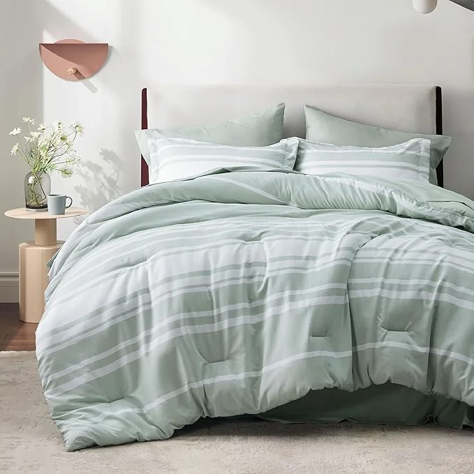 High-Performance Bedsure Full Comforter Set 7 Pieces Sage Green Striped Bedding Set for All Seasons Reversible Cationic Dyeing Bed in a Bag with Comforter Sheets Pillowcases amp Shams Traditional