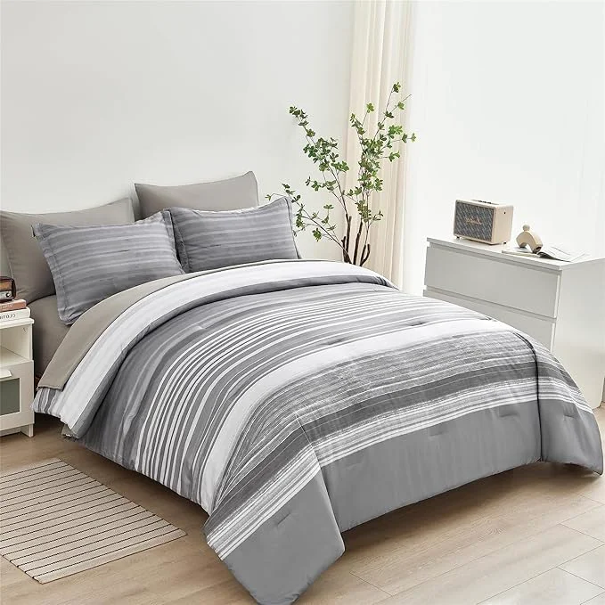 Natural KAKIJUMN 5 Piece Bed in a Bag Stripe Comforter Set Twin Size White Grey Patchwork Striped Comforter and Sheet Set All Season Soft Microfiber Complete Bedding Set Light Grey Twin Functional