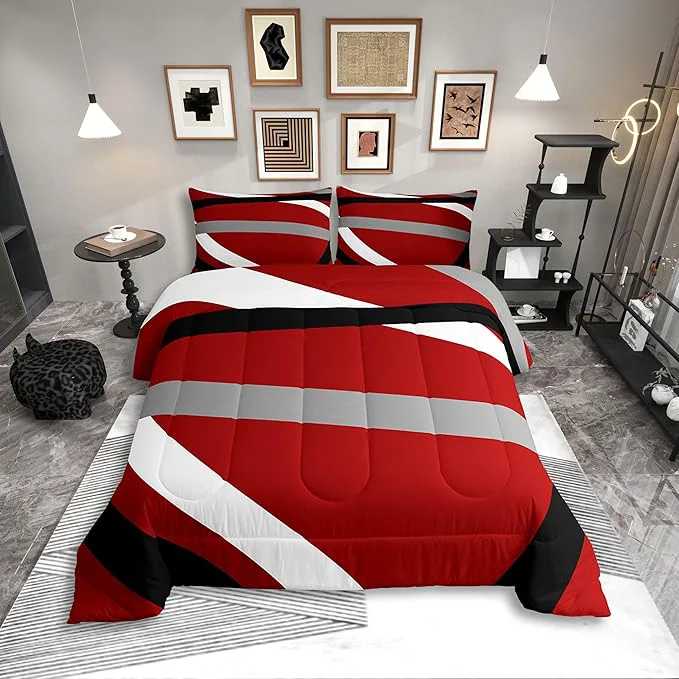 Original Erosebridal Red Gray Black Striped Toddler Comforter Modern Abstract Bedding Set Geometric Lines Duvet Insert Aesthetic Boho Bed Sets Enhanced