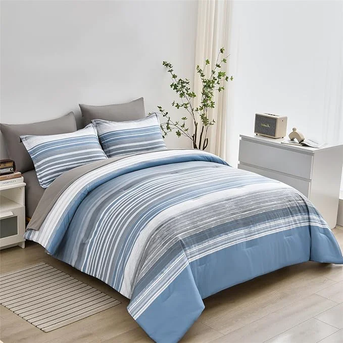 Fashionable KAKIJUMN 7 Piece Bed in a Bag Stripe Comforter Set King Size White Grey Blue Patchwork Striped Comforter and Sheet Set All Season Soft Microfiber Complete Bedding Set Light Blue King Consistent