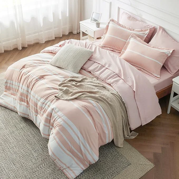 Consistent Bedsure Full Comforter Set 7 Pieces Light Pink Striped Bedding Set for All Seasons Reversible Cationic Dyeing Bed in a Bag with Comforter Sheets Pillowcases amp Shams High-Performance