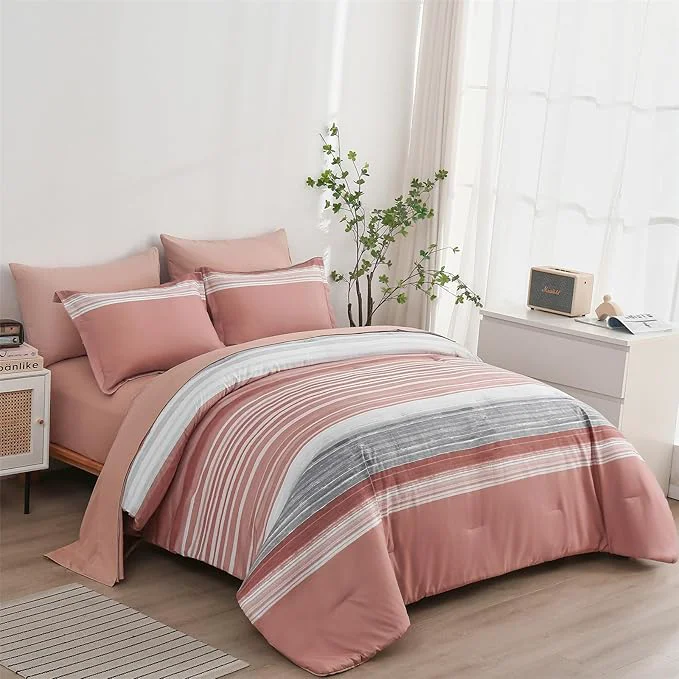 Stylish KAKIJUMN 7 Piece Bed in a Bag Stripe Comforter Set King Size White Grey Blush Pink Patchwork Striped Comforter and Sheet Set All Season Soft Microfiber Complete Bedding Sets Pink King Authentic