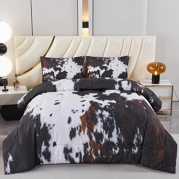 Verified PERFEMET Queen Comforter Set 3 Pieces Cow Print Bedding Set Western Farmhouse Rustic Bed Comforter Set Black White Brown Cowhide Quilt Set First-Class