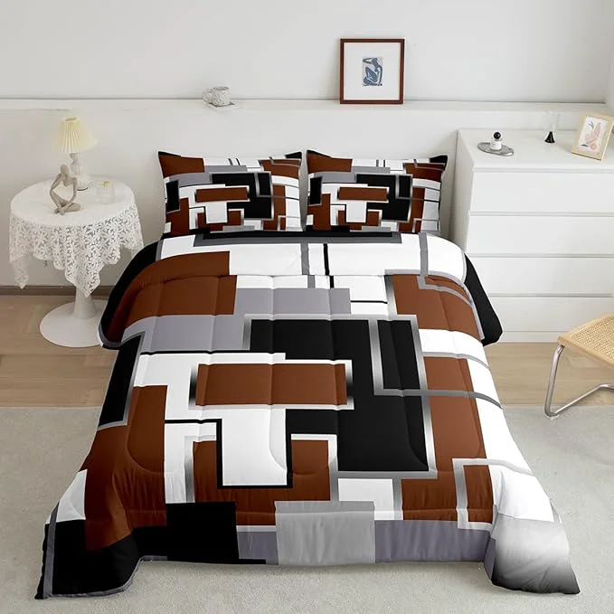 Durable Erosebridal Square Comforter Sets for Teens Youth Brown White Grey Bedding Set 3D Geometric Quilt Set Grunge Farmhouse Grid Duvet Insert with 2 Pillowcases Lightweght Warm Queen Responsible