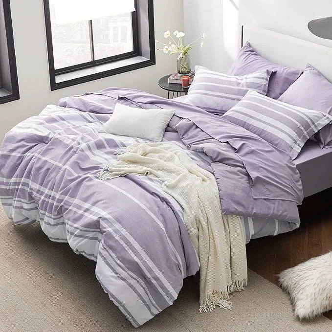 Breathable Bedsure Full Comforter Set 7 Pieces Purple Striped Bedding Set for All Seasons Reversible Cationic Dyeing Bed in a Bag with Comforter Sheets Pillowcases amp Shams Top-Quality