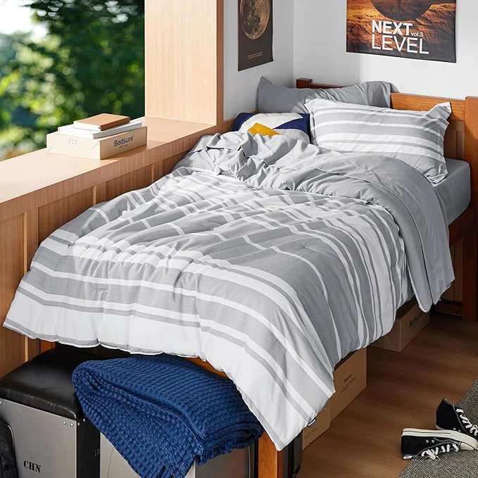 Contemporary Bedsure Twin XL Comforter Set 5 Pieces Grey Striped Bedding Set for All Seasons Reversible Cationic Dyeing Bed in a Bag with Comforter Sheets Pillowcase amp Sham Dependable