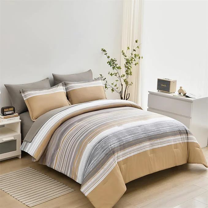 Fashionable 7 Piece Bed in a Bag Stripe Comforter Set Full Size White Grey Khaki Striped Comforter and Sheet Set All Season Soft Microfiber Complete Bedding Set Khaki Full Modern