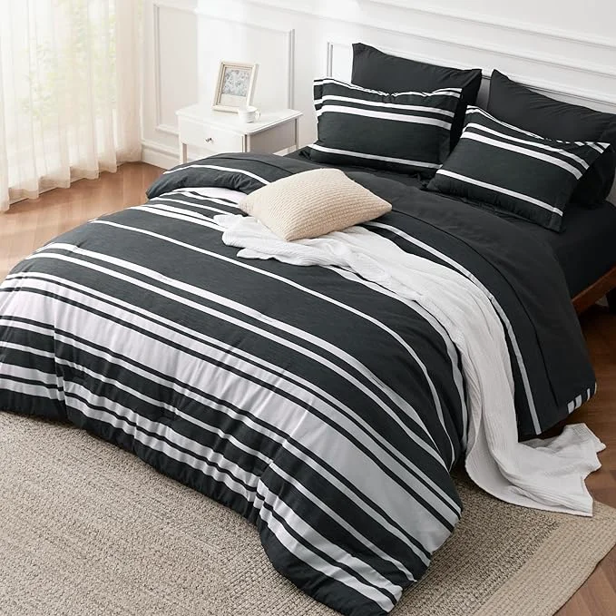 Expertly Made Bedsure Queen Comforter Set 7 Pieces Black Striped Bedding Set for All Seasons Reversible Cationic Dyeing Bed in a Bag with Comforter Sheets Pillowcases amp Shams Minimalist