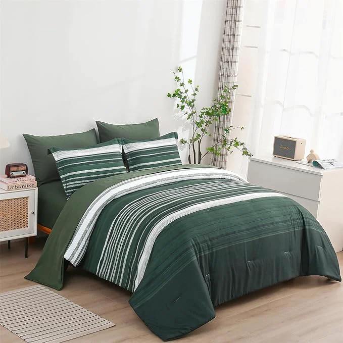 Dependable KAKIJUMN 7 Piece Bed in a Bag Stripe Comforter Set Full Size White Grey Green Patchwork Striped Comforter and Sheet Set All Season Soft Microfiber Complete Bedding Sets Dark Green Full Environmentally Friendly