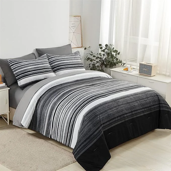 Smart KAKIJUMN 5 Piece Bed in a Bag Stripe Comforter Set Twin Size White Grey Black Patchwork Striped Comforter and Sheet Set All Season Soft Microfiber Complete Bedding Sets Grey Twin Easy-to-Use