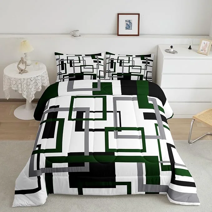 Pure Erosebridal Black and White Green Queen Comforter Set Squares Bedding Set for Kids Boys Girls Modern Geometric Quilt Set Mid Century Novelty Duvet Insert with 2 Pillowcases Warm Elegant