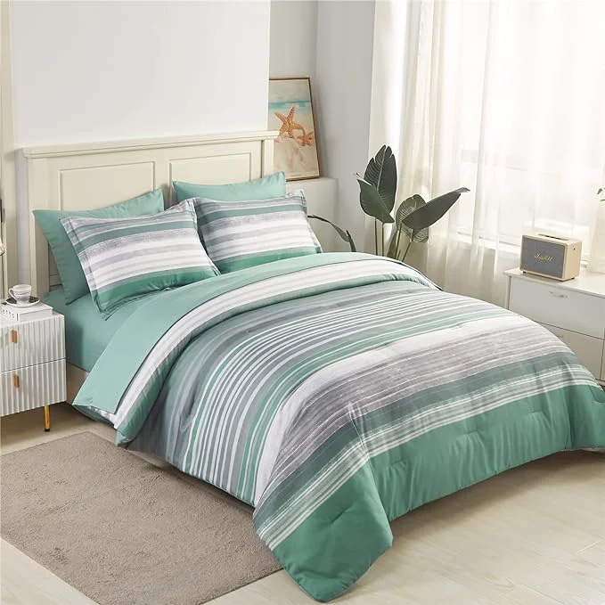 Traditional KAKIJUMN 7 Piece Bed in a Bag Stripe Comforter Set Queen Size White Grey Sage Green Patchwork Striped Comforter and Sheet Set All Season Soft Microfiber Complete Bedding Sets Green Queen Modern