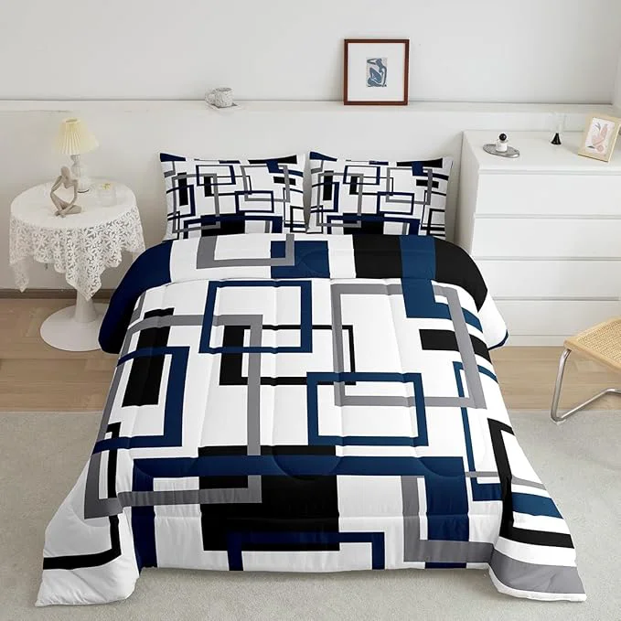Superior Erosebridal Square Comforter for Kids Boys Girls Black and Grey White Navy Blue Bedding Set Geometric Quilt Set Full Fashion 3D Grid Striped Duvet Insert with 2 Pillowcases Lightweight Specialty