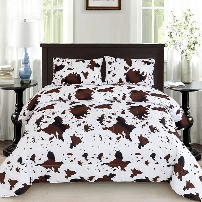 Premium PERFEMET Queen Size Cow Print Bedding Comforter Set Brown White Cowhide Western Comforter Sets Geometric Checkered Reversible Cowboy Quilt Set Brown White Queen Selected