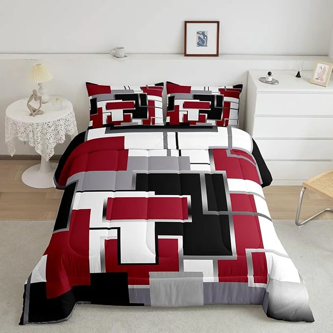 Expertly Made Erosebridal Modern Comforter Set Twin Size Black White Red Bedding Set for Teens Youth Adult Geometric Plaid Square Quilt Set Contemporary Artwork Duvet Insert with 1 Pillowcase Advanced
