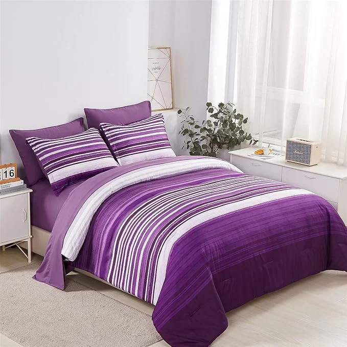 Stylish KAKIJUMN 5 Piece Bed in a Bag Stripe Comforter Set Twin Size White and Purple Patchwork Striped Comforter and Sheet Set All Season Soft Microfiber Complete Bedding Sets Purple Twin Reusable