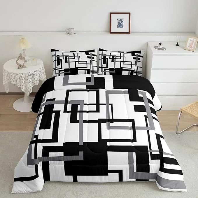 Versatile Erosebridal Grid Comforter for Kids Boys Girls Black and White Bedding Set Twin Size Geometric Pattern Quilt Set Ultra Warm Buffalo Check Art Duvet Insert with 1 Pillow Sham Bedroom Decor Genuine